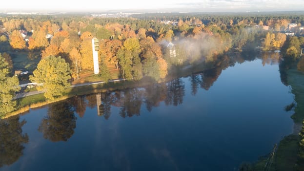 Morning smoke on the water Ulbroka lake Aerial drone top view Latvia