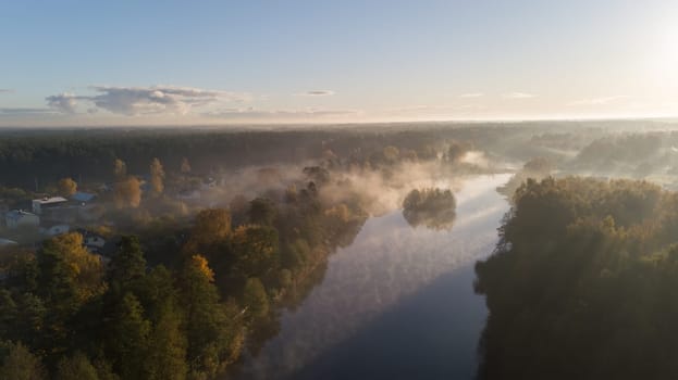 Morning smoke on the water Ulbroka lake Aerial drone top view Latvia