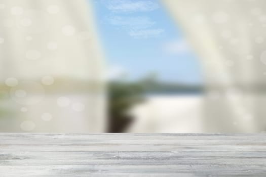 Empty rustic wooden table over abstract natural bright bokeh background. Template for your product display montage. Space.
