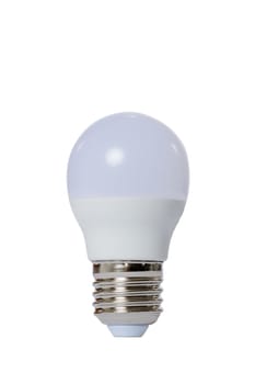 Led lamp with opaque glass bulb and E27 socket. White background.