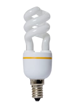 Fluorescent lamp with opaque glass bulb and E27 connection. White background.