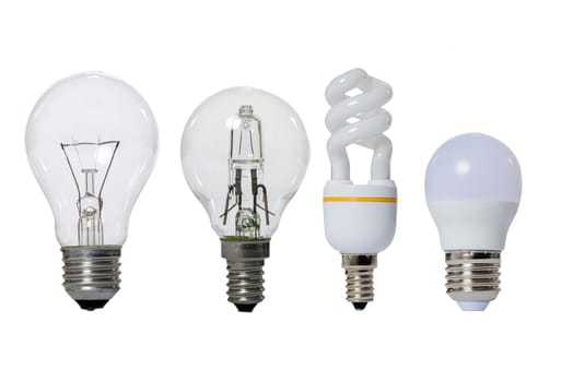Group of lamps on a white background: led, fluorescent, incandescent, halogen with opaque glass bulb and E27 socket.