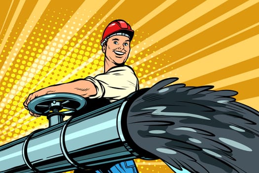 oil flowing out of pipe, male oilman opens tap. Pop art retro vector illustration kitsch vintage