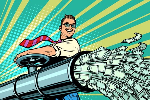 Businessman opens pipe, money Finance dollars flow. Pop art retro vector illustration kitsch vintage