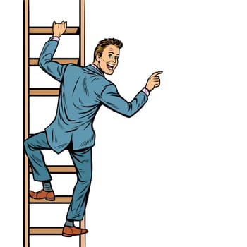 businessman climbs stairs, man points to copy space. isolate on white background. Pop art retro vector illustration vintage kitsch