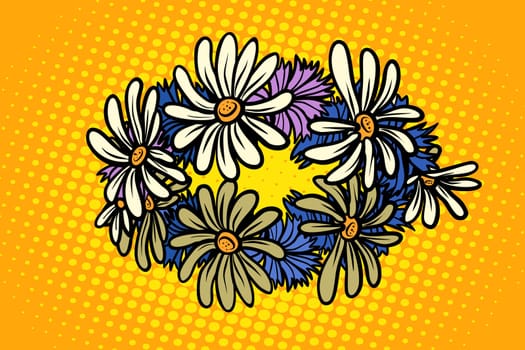 wreath of wild flowers chamomile. Pop art retro vector illustration kitsch vintage
