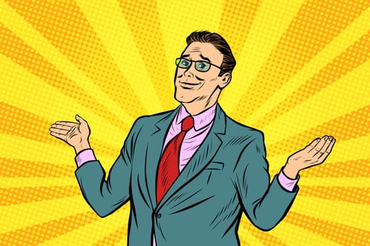 Sorry businessman spread his hands. Pop art retro vector illustration vintage kitsch