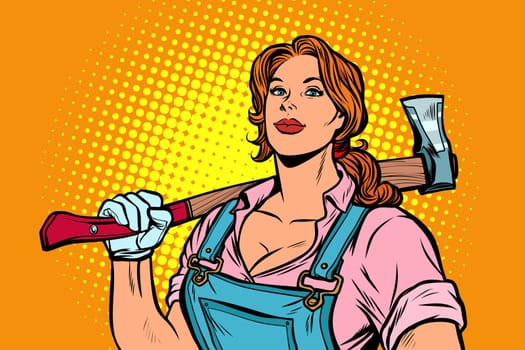 working woman woodcutter with axe. Pop art retro vector illustration vintage kitsch