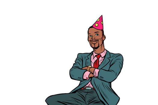 Afrikan businessman birthday greetings anniversary celebration. Pop art retro vector illustration vintage kitsch