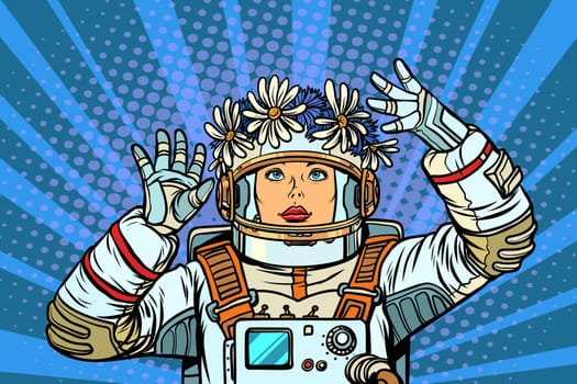 young woman astronaut in a wreath. Pop art retro vector illustration kitsch vintage