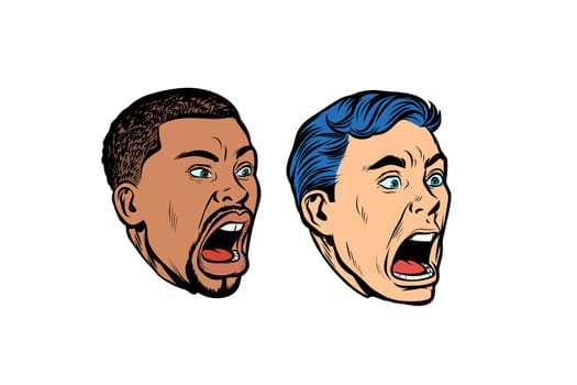 set collection head Caucasian and African man. Pop art retro vector illustration kitsch vintage