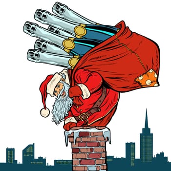 Santa Claus with champagne climbs the chimney. Isolate on white background. Pop art retro vector illustration vintage kitsch drawing