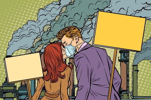 A couple of man and woman protesting against air pollution factory. Pop art retro vector illustration vintage kitsch drawing