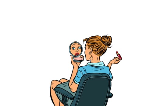 woman looks in the hand mirror and paints her lips. Pop art retro vector illustration vintage kitsch