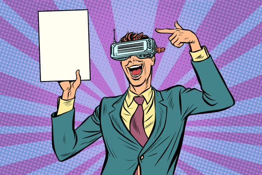 virtual reality VR glasses. Businessman points at copy space poster. Pop art retro vector illustration vintage kitsch