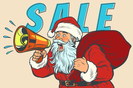 Christmas sale Santa Claus with megaphone. Pop art retro vector illustration vintage kitsch