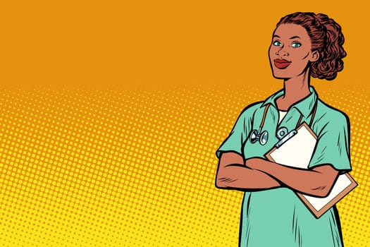 African nurse. Medicine and health. Pop art retro vector illustration vintage kitsch