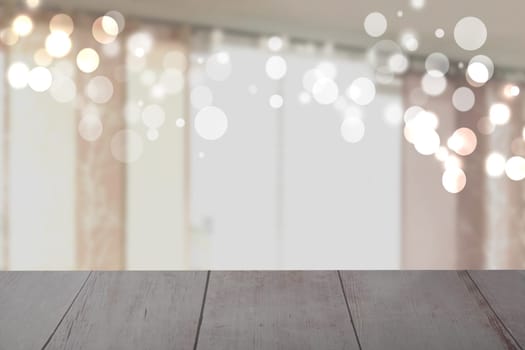 Empty rustic wooden table in front of blurred curtain window bokeh background. Template for your product display montage. Space.