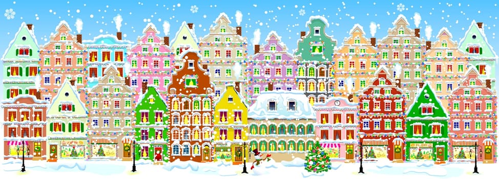 City street in winter. Christmas Eve. The winter vacation. The houses are covered with snow. Snow on a city street. Houses decorated before the winter holidays.  Snow-covered city street.