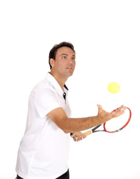 A handsome young man in a white shirt trothing his yellow ball in the.catching it with his hand, isolated for white background.