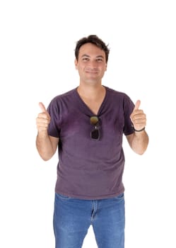 A smiling young Caucasian man standing in a burgundy shirt and .sunglasses, holding two thumps up, isolated for white background.
