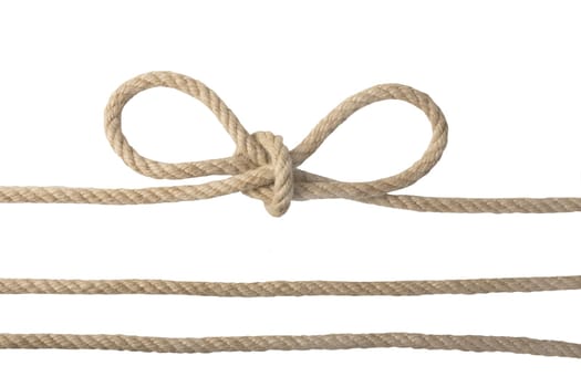 Close-up of a node or knot and two ropes isolated on a white background. Navy and angler knot.