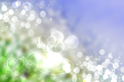 Abstract festive blur bright blue pastel background with white hearts love bokeh for wedding card or Valentine‘s day.  Romantic textured backdrop with space for your design. Card concept.