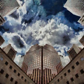 Clouds above buildings. Oil on canvas