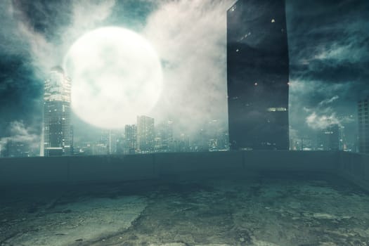 Dramatic view of cityscape at night. Halloween background