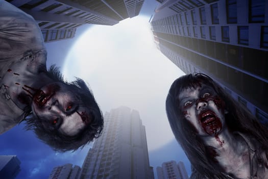 Zombies with bloody face living on abandoned city. Halloween concept