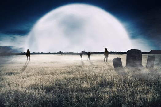 Crowd of zombies looked from far away walking approaching. Halloween concept