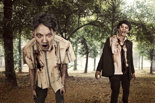 Horrible zombies walk around on the misty forest. Halloween concept
