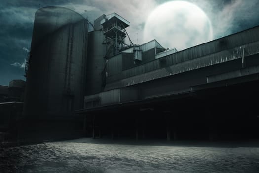 Abandoned old factory at night. Halloween background