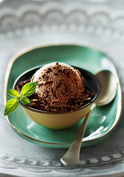 Homemade Organic chocolate Ice Cream scoop decorated with chocolate