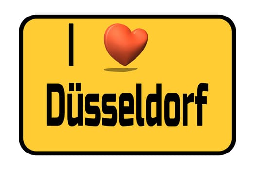 City entrance road sign with caption - I and heart symbol