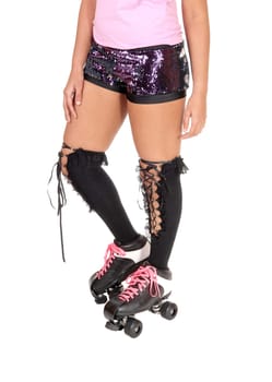 A woman with roller skates standing from front, with her long black.socks, body part, isolated for white background.