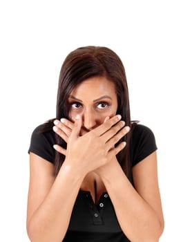 A scared young woman holding booths hands over her mouth looking.shocking what she just sad, isolated for white background.
