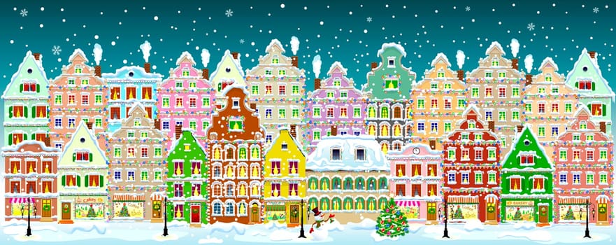 City street in winter. Christmas Eve. The winter vacation. The houses are covered with snow. Snow on a city street. Houses decorated before the winter holidays.  Snow-covered city street.