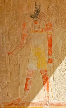 Anubis (the dog-headed god) relief on wall in Hatshepsut temple, Egypt