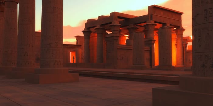 Light glows from the inner rooms of an Egyptian temple with a statue of a pharaoh.