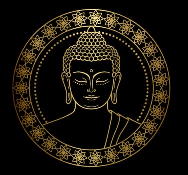 Gold Buddha head meditation zen black background metallic illustration