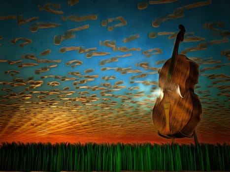 Surreal painting. Cello on sunset.
