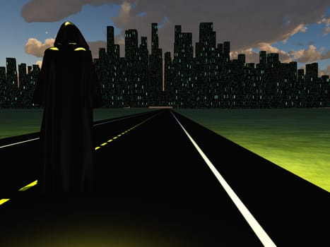 Figure in black cloak on a road to night city.