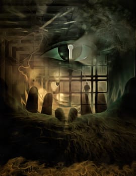 Complex surreal painting. Giant eye with keyhole.