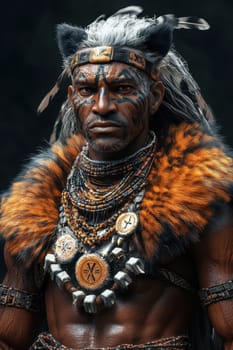 A formidable warrior features dramatic facial markings and an elaborate headdress adorned with animal fur. He displays an array of intricate necklaces and jewelry, showcasing cultural heritage and strength in a striking pose.