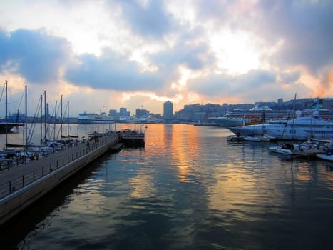 Harbor in Genoa at sunset, Italy