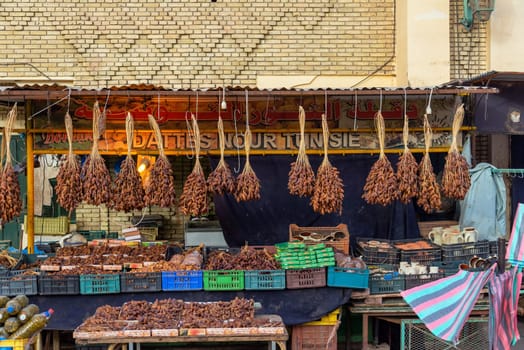 TOZEUR, TUNISIA - APRIL 11: Stand selling dates in Tozeur, Tunisia on April 11, 2018