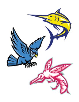 Mascot icon illustration set of miscellaneous wildlife animals like the great horned owl flying, blue marlin jumping and a mosquito  viewed from side  on isolated background in retro style.