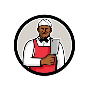 Mascot style illustration of a black African American butcher holding meat cleaver viewed from front set inside circle on isolated white background.