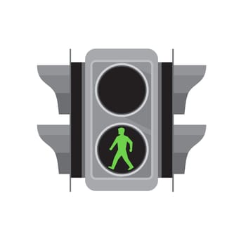Retro style illustration of a traffic signal light with green man walking for pedestrian crossing on isolated white background.